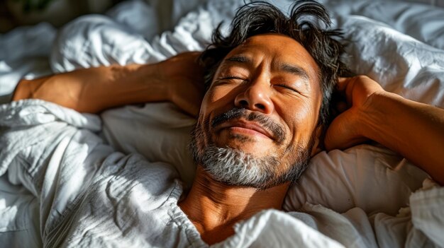 Portrait of an adult man smiling in his sleep sunlight on his face World Sleep Day concept