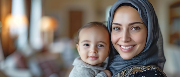 Portrait of an adult Muslim mother carrying a small child while donning a headscarf and traditional black clothing She is happy and smiling