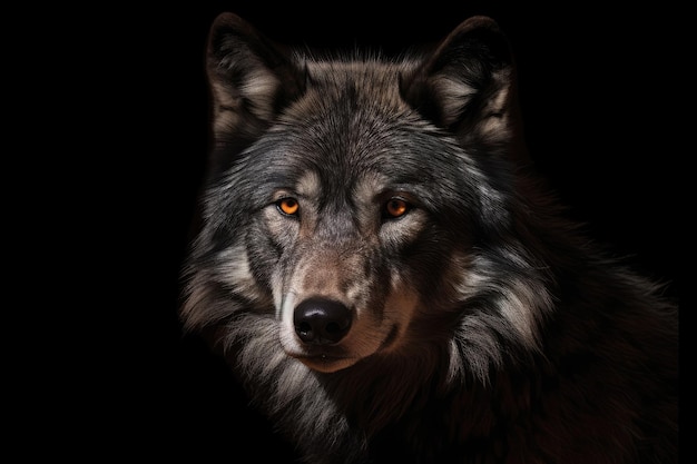 Portrait of adult wolf on black background Generative AI