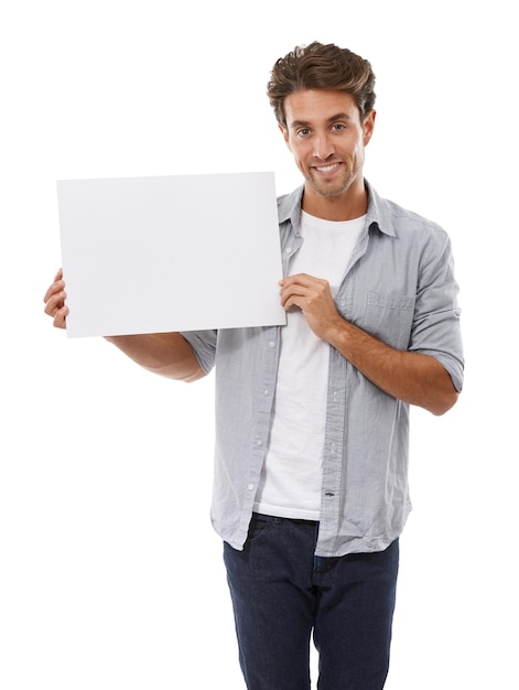 Portrait advertising and man on poster smile and mockup space isolated on a white studio background Happy person show paper banner sales promotion and blank placard presentation sign and info