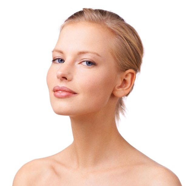portrait aesthetic and beauty with natural woman in studio isolated on white background for wellness face skincare and cosmetics with confident young model at salon for dermatology treatment