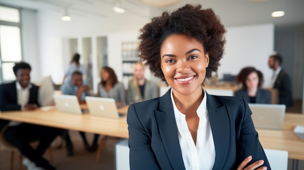 Portrait of an african american business woman happy woman posing in a boardroom