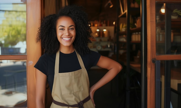 Portrait of African American curly woman small business owner of coffee shop standing at entrance