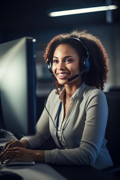 Portrait of a African American Customer Service Operator Call Center Woman Talking with Customer