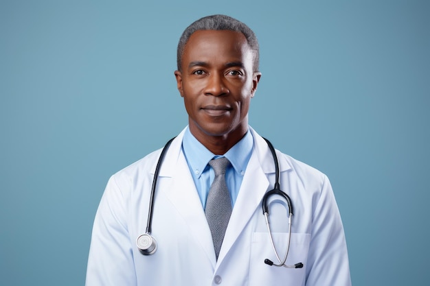 カメラを見ている白衣を着たアフリカ系アメリカ人医師の肖像画生成AI