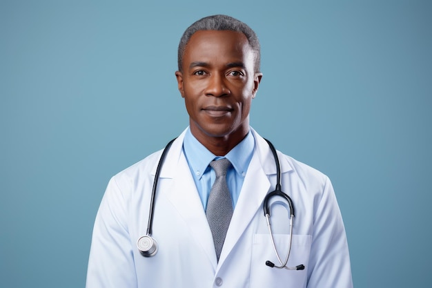 Portrait of African American doctor in white coat looking at camera generativ AI