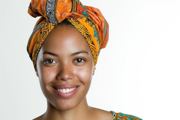 Portrait of African American ethnicity woman in turban with African traditional print