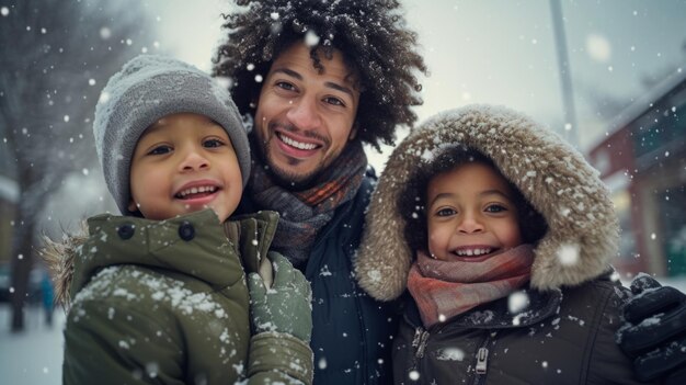 Photo portrait of african american family enjoying the winter snow during the christmas season