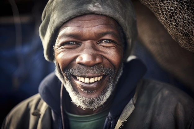 Portrait of an african american fisherman smiling at the camera created with generative ai