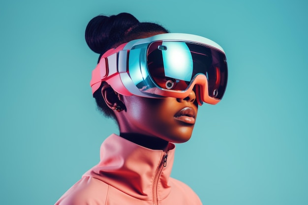 Портрет афроамериканской девушки в современных очках виртуальной реальности на синем пастельном фоне