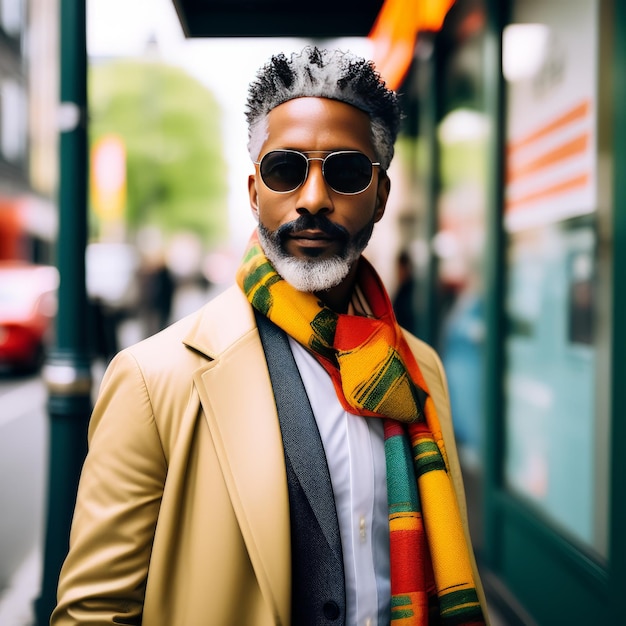 portrait of an african american man in an autumn coat with sunglassesportrait of an african ame