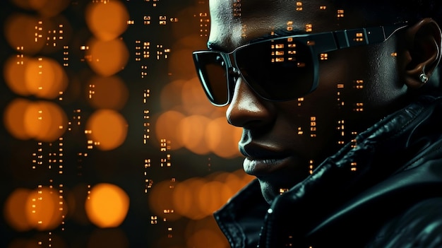 Portrait of african american man in black leather jacket and sunglasses with matrix digital numbers