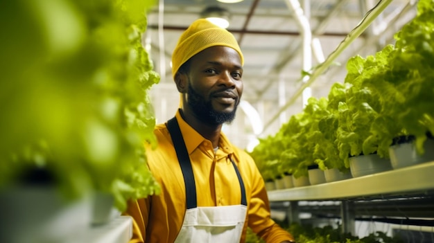 Portrait a african american man climate control system engineer Hydroponics Vertical farming concept Yearround sustainable resourceefficient agriculture Copy space Banner Generative AI