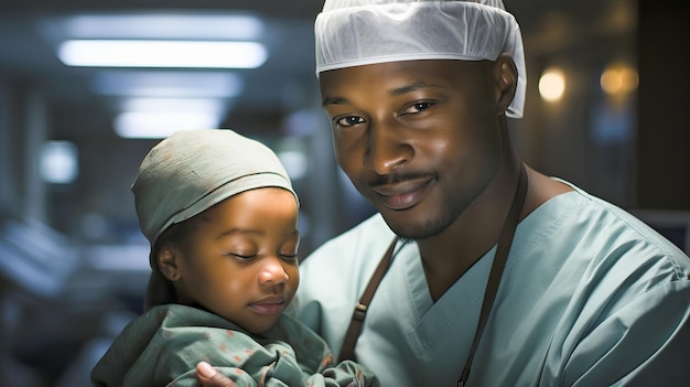 Foto ritratto di un'infermiera afroamericana con un bambino in ospedale