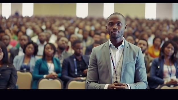 Portrait of african american public speaker giving talk at business event Generative AI