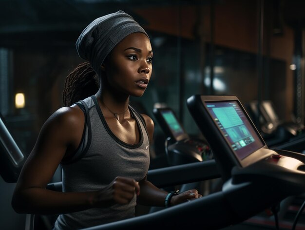 트레드밀 에 있는 어두운 색 의 체육관 에 있는 아프리카계 미국인 스포츠 여자 의 초상화
