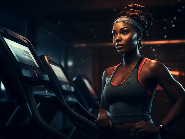 트레드밀 에 있는 어두운 색 의 체육관 에 있는 아프리카계 미국인 스포츠 여자 의 초상화