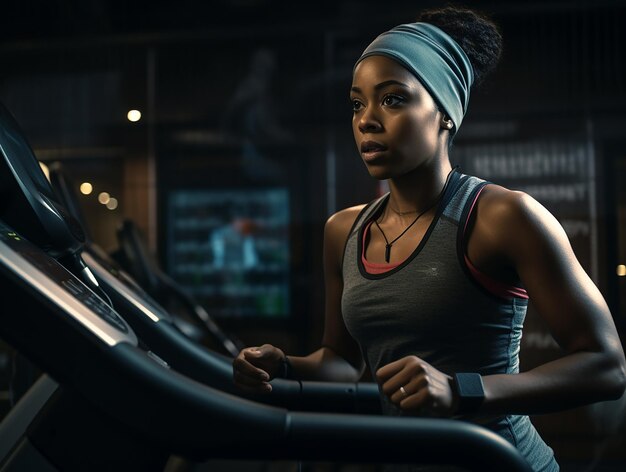 портрет афроамериканской спортсменки в тренажерном зале в темных цветах на беговой дорожке