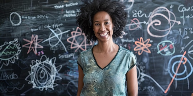 Foto un ritratto di un insegnante afroamericano che sorride davanti a una lavagna generativa di ia