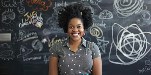 Photo a portrait of an african american teacher smiling in front of a chalkboard generative ai