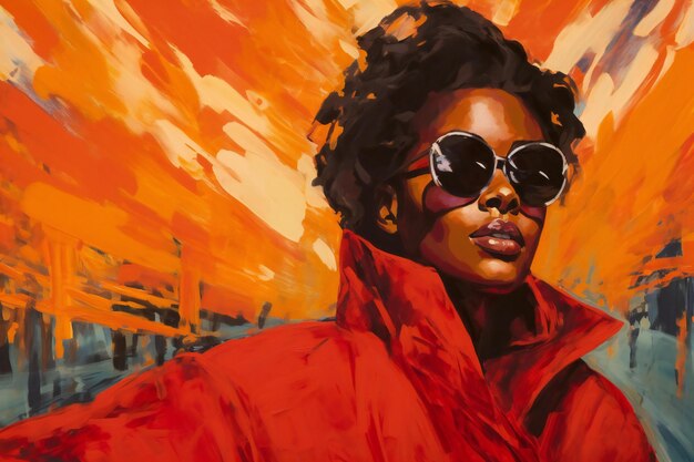 Photo portrait of african american woman in red raincoat and sunglasses