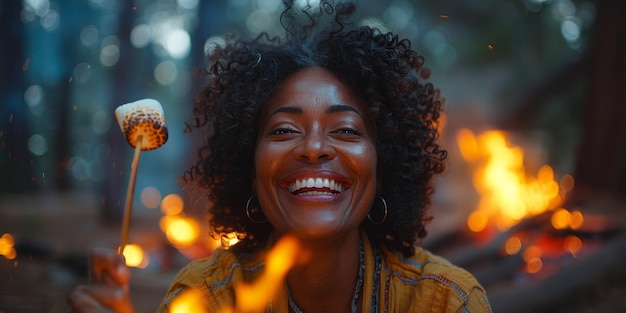 Portrait of an African American woman roasting marshmallows on a stick laughs