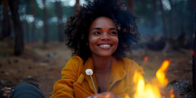 Portrait of an African American woman roasting marshmallows on a stick laughs