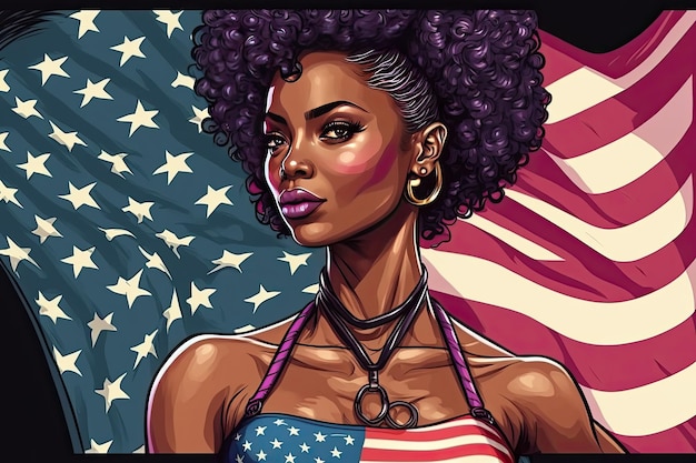 Photo portrait of african american woman with the usa flag on background generative ai