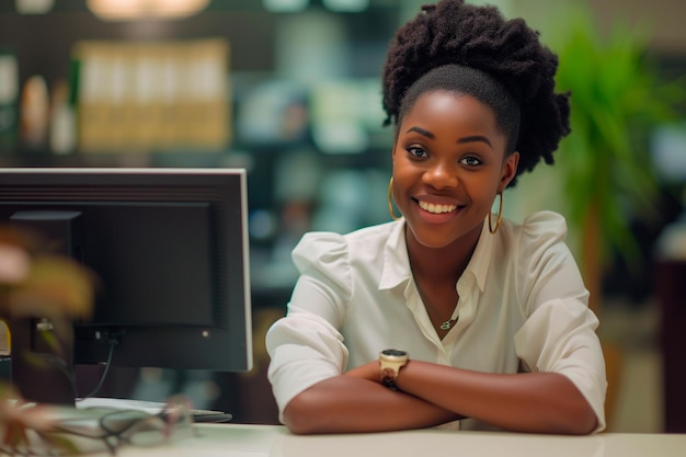 портрет афроамериканской женщины, работающей в качестве обслуживания клиентов или агента в банке