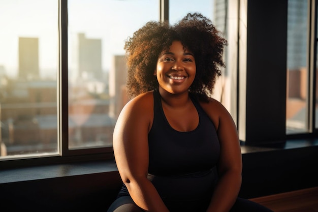 Portrait of an African American Woman on a yoga mat in a modern interior