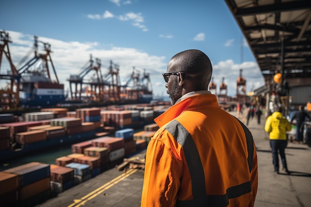 Portrait of African american worker wearing safety jacket and glasses working in container terminal