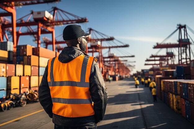 Portrait of African american worker wearing safety vest and cap working at container terminal