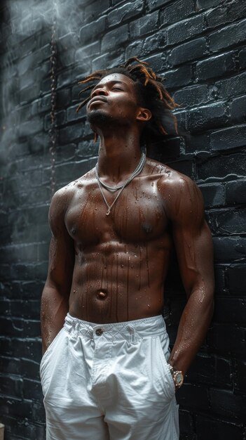 Photo portrait of african attractive man against background of black brick wall