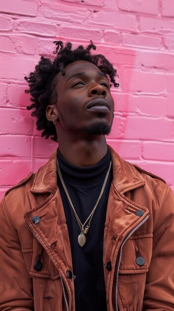 Photo portrait of african attractive man against background of pink brick wall