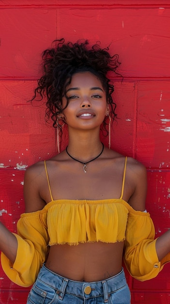 Foto ritratto di una donna attraente africana sullo sfondo di un muro di mattoni rossi