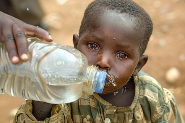 Portrait of an african child with a plastic water bottle generative ai