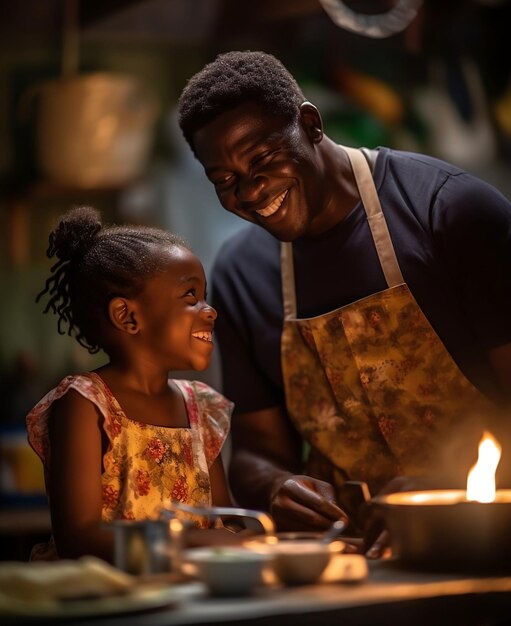 Portrait of an African Dad teaching cooking to his daughter happy face a beautiful face and joy