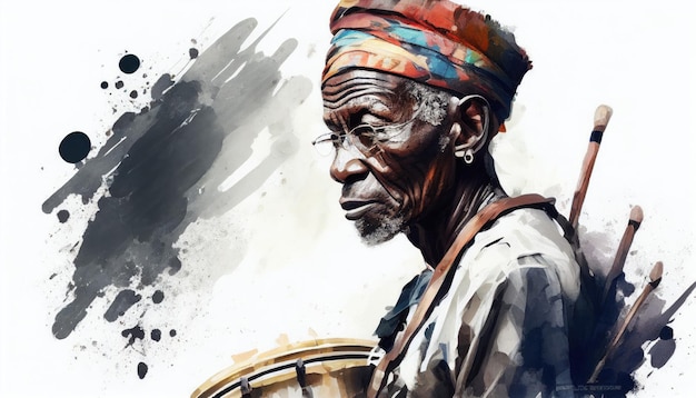 Portrait of an African drummer in watercolor style by Generative AI