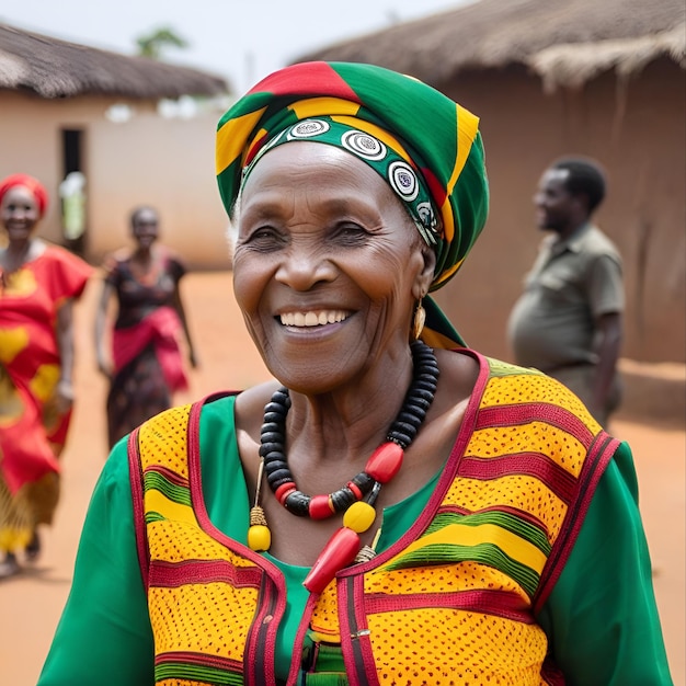 Портрет улыбающейся пожилой африканской женщины, одетой в цвета флага Южной Африки