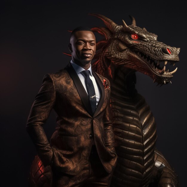 portrait of an African entrepreneur with Dragon features wearing a 03 piece suit