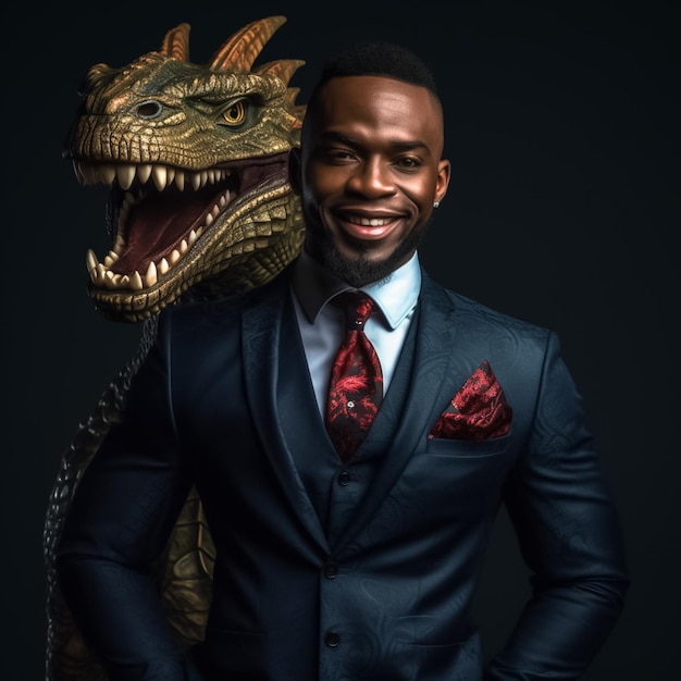 portrait of an African entrepreneur with Dragon features wearing a 03 piece suit