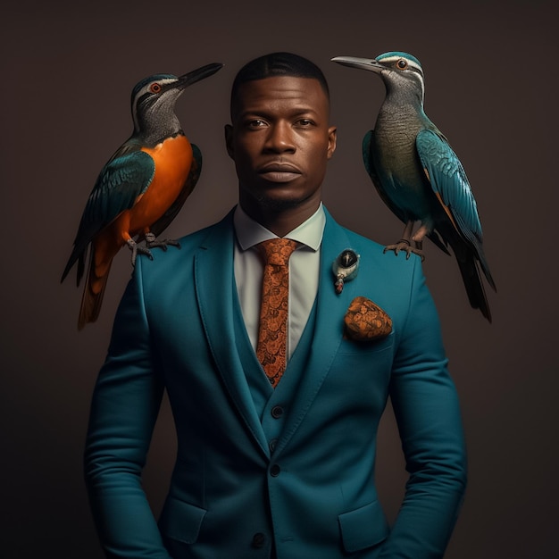 portrait of an African entrepreneur with Senegalese Kingfisher birds wearing a 03 pieces suit