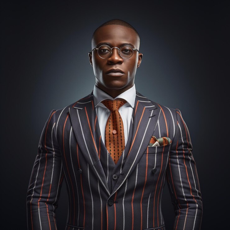 portrait of an African entrepreneur with striped colious features wearing a 03 piece suit