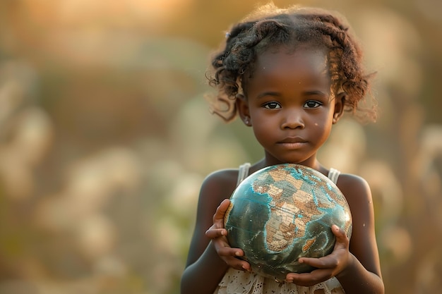 Portrait of a African girl holding earth or globe in nature backdrop with a big space for text a concept of save earth Generative AI