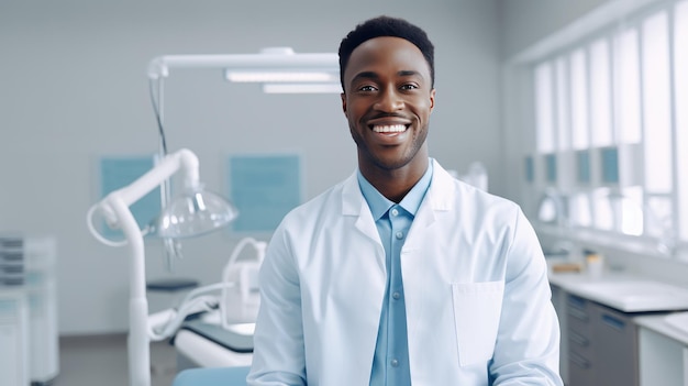 Photo portrait of an african looking dentist doctor smiling a beautiful wide smile with white teeth in a dental clinic