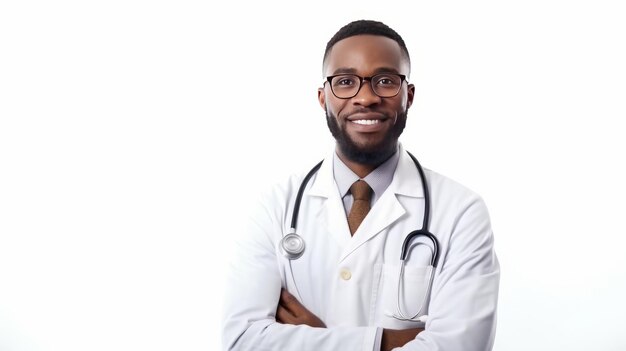 Photo portrait of african male doctor wearing white coat with stethoscope