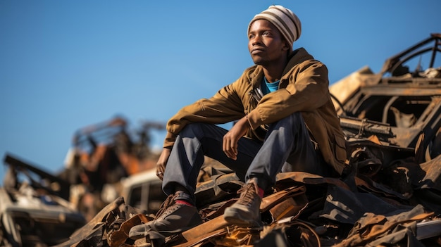 Portrait of african man sitting on scrap metal junk