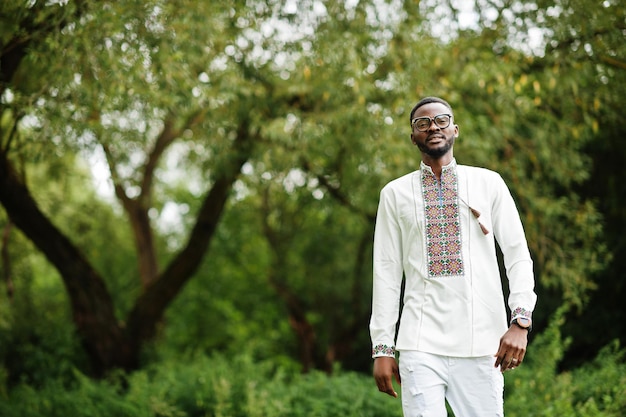 Portrait of african man in traditional clothes at park.