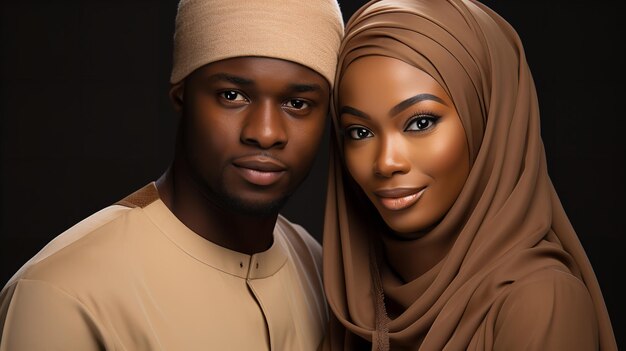 Portrait of African Muslim couple against a clean backdrop with a big copy space Generative AI