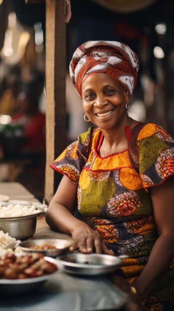 Portrait of an African woman near a city market Generative AI